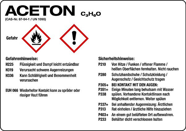 Schilder Klar Gefahrengutkennzeichnung GHS-Gefahrstoffetiketten: Aceton, 148x105 mm Folie selbstklebend, 505/32