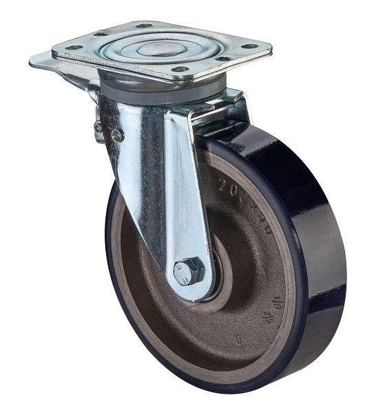 BS Rollen Schwerlastrolle mit Feststeller, Breite 50 mm, Ø250 mm, bis 600 kg, Guss-Polyurethan 78 Shore A, Radkörper Guss, Kugellager, N120.C11.251