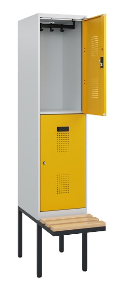 C+P Doppelstock-Spind Evolo PLUS, Bank, 2 Fächer, 1950x400x815mm, 7035/1004, Zylinderschloss, Sitzfläche Buche-Hartholz, 0493405-12 S10018