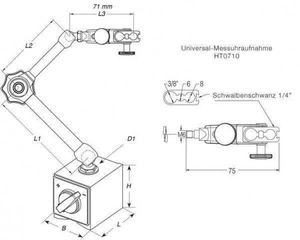 HoldTec Gelenkarm 190mm, Säule 3 und Querarm 2, HT3201