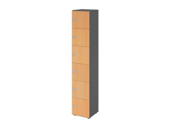 Hammerbacher Schließfachschrank schmal 6OH, 6 Türen, Korpus: Graphit, Türen: Buche, 40 x 40 x 215,6 cm (BxTxH), Zahlenschloss, V264L6/G/6/ZS