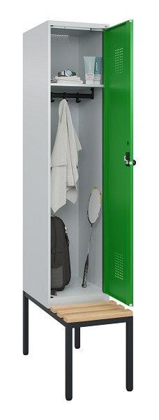 C+P Spind Evolo PLUS, 1 Abteile, 2120x400x815mm, 7035/6037, Haken 4, Drehriegel, Sitzfläche Buche-Hartholz, Sitzbank, 0490507-12 S10011