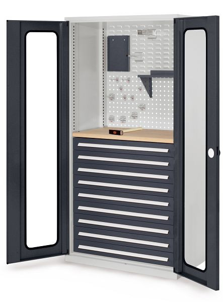 Kappes RasterPlan Schubladenschrank, Modell 37, RAL 7035/7016, Sichtfenstertüren 1950 x 1000 x 600 mm, mm 9 Schubladen H 100 mm, 1460.07.5024