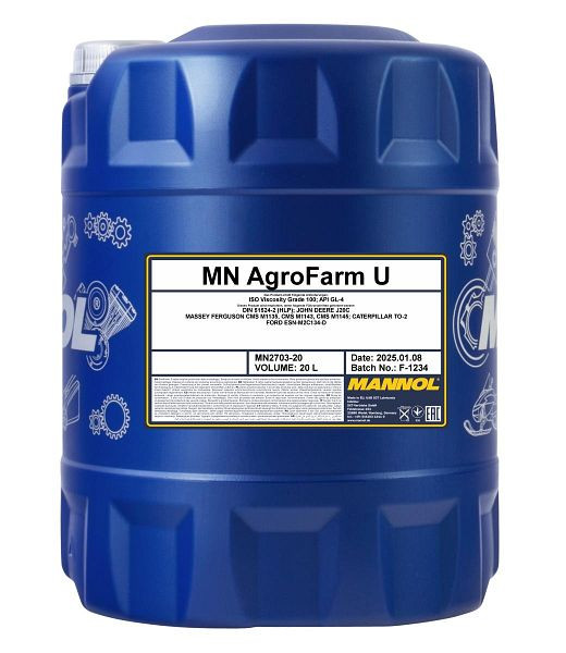 MANNOL Ganzjahres-Hydraulik-Getriebeöl 2703 AgroFarm U ISO 100, VE: 20 l, MN2703-20