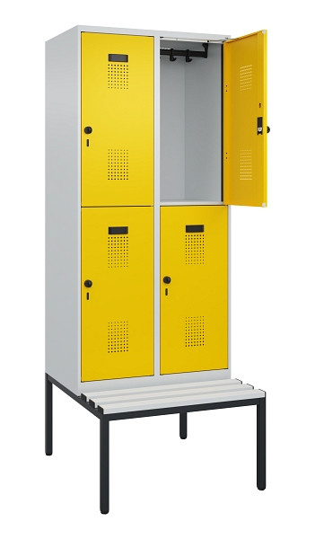 C+P Doppelstock-Spind Evolo PLUS, Bank, 4 Fächer, 2120x800x815mm, 7035/1023, Drehriegel, Sitzfläche Kunststoff, Sitzbank, 0493507-22 S10082
