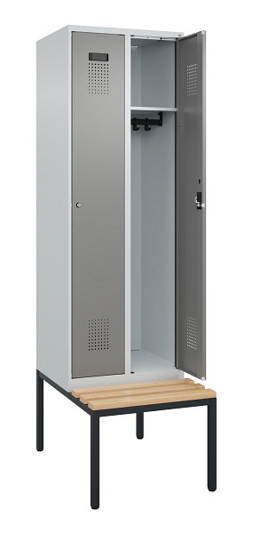 C+P Spind Evolo PLUS, 2 Abteil, 2120x600x815mm, 7035/0004, Zylinderschloss, Sitzfläche Buche-Hartholz, Sitzbank, 0490507-20 S10041