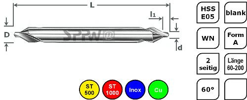 SPPW Zentrierbohrer HSS-E05 WN Form A 200 lang - 2,00x5,00, 1235500200