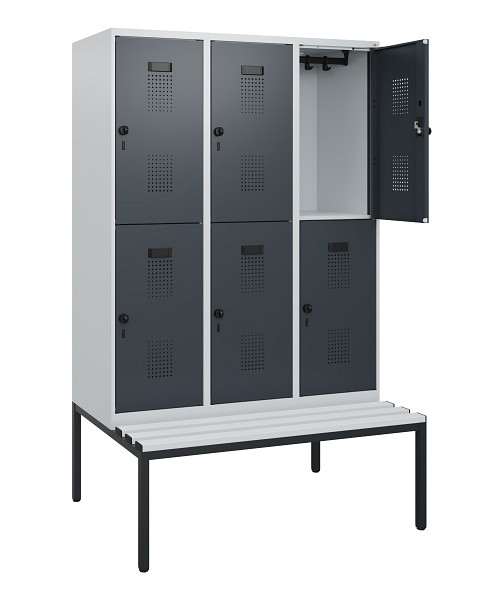 C+P Doppelstöckiger Spind Evolo PLUS, Bank, 6 Fächer, 1950x1200x815mm, 7035/7016, Drehriegel, Sitzfläche Kunststoff, Sitzbank, 0493505-32 S10104