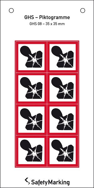 SafetyMarking GHS-Gefahrenpiktogramm, Symbol 08: Gesundheitsgefahr, BxH 3,5x3,5 cm, Folie, selbstklebend, VE: 8 Stück/Bogen, 30.3552-08