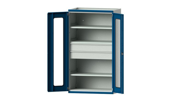 ANKE Werkbänke Schwerlastschrank, Modell 102, 1085 x 630 x 1950 mm, Sichtausschnitt aus Plexiglas, RAL 7035/5010, 620.032