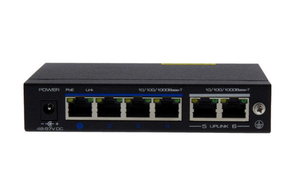 eneo IAD-5SG1004MUC Gigabit Switch, Unmanaged, 60W, 4x PoE, 1x RJ45, 1x SFP, 10/100/1000 Mbps, Desktop, 237369