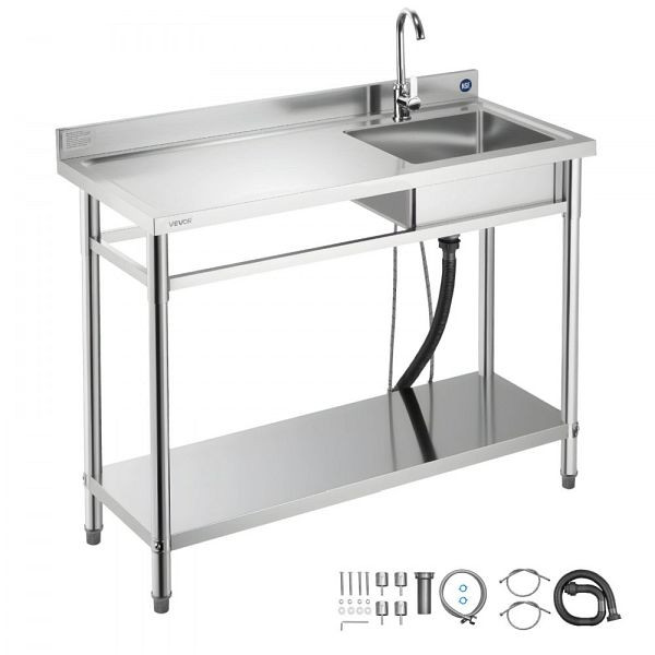VEVOR Edelstahl Spültisch (120x50x94 cm), Einzelbecken mit Wasserhahn & Ablage, Außenspüle mit Arbeitsplatte (links), DSCDGZT120CM131GM001V0