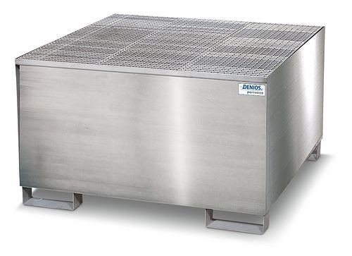 DENIOS Auffangwanne TCI-F aus Edelstahl, mit Gabeltaschen und verzinktem Gitterrost, für 1 IBC, 130054