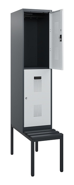 C+P Doppelstöckiger Spind Evolo PLUS, Bank, 2 Fächer, 1950x400x815mm, 7016/7035, Zylinderschloss, Sitzfläche Kunststoff, Sitzbank, 0493505-12 S10152