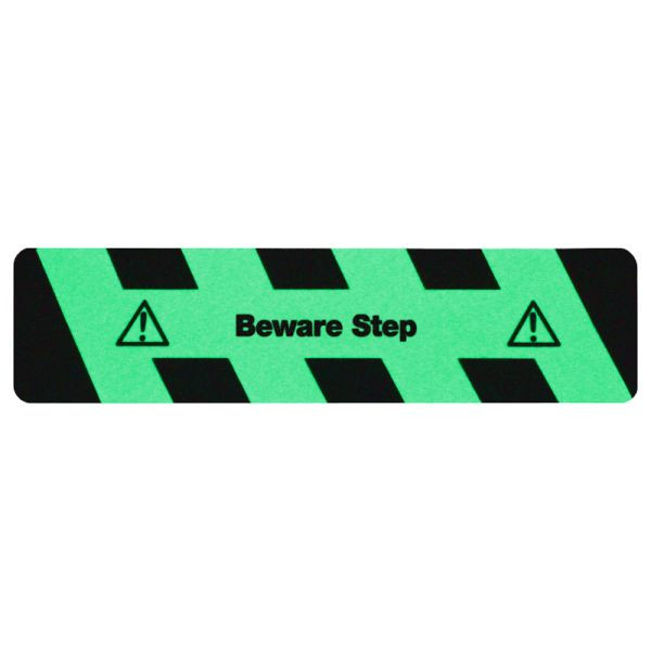 m2 Antirutschbelag nachleuchtend schwarz/grün mit Text "Beware Step" Streifen 150x610mm, M1X3E150610