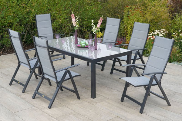 Merxx 7-teilig Florenz Set, 6 Florenz Klappsessel, Rückenlehne verstellbar, Graphit/grau, 1 Tisch, Halbrundprofil, 190 x 100 cm, 50683-309