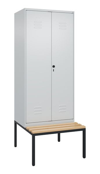 C+P Umkleidespind Classic PLUS SW, 2 Abteile, 2120x800x815mm, 7035/7035, Drehriegel, mit untergebauter Sitzbank, Buche-Sitzleisten, 0800527-22 S10009