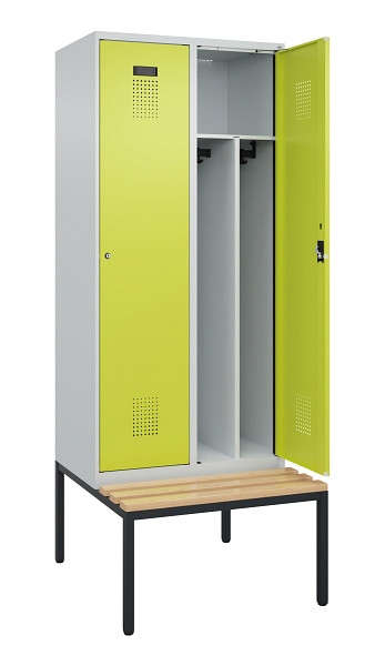 C+P Spind Evolo PLUS, 2 Abteile, 2120x800x815mm, 7035/0024, Haken 4, Zylinderschloss, Sitzfläche Buche-Hartholz, Sitzbank, Trennwand, 0490507-22F S10042