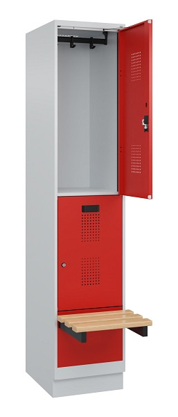 C+P Doppelstock-Spind Evolo PLUS, Bank, 2 Fächer, 1950x400x815mm, 7035/3020, Zylinderschloss, Sitzfläche Buche-Hartholz, mit Sockel, 049340-12 S10032