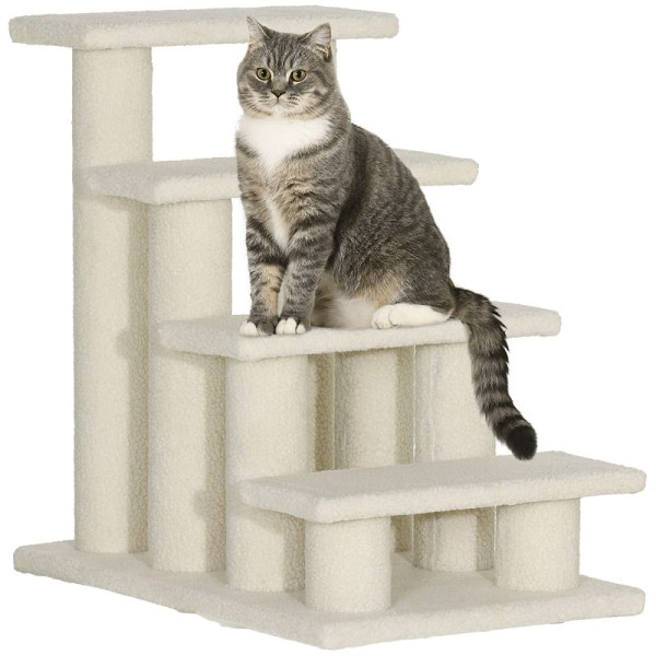 PawHut Tiertreppe Katzentreppe Hundetreppe Treppe für Katze und Hunde 4 Stufen Cremeweiß, D30-006