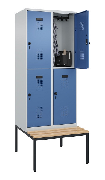 C+P Doppelstock-Spind Evolo PLUS, Bank, 4 Fächer, 2120x800x815mm, 7035/5023, Drehriegel, Sitzfläche Buche-Hartholz, Sitzbank, 0493507-22 S10008