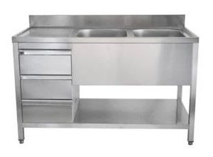 A&S Gastro Spültisch mit Schubladenblock, 2 Becken rechts, Bautiefe 600 mm, 140x600x850 mm, SPT1462BR-S