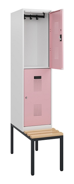 C+P Doppelstöckiger Spind Evolo PLUS, Bank, 2 Fächer, 1950x400x815mm, 9016/3015, Zylinderschloss, Sitzfläche Buche-Hartholz, Sitzbank, 0493505-12 S10046