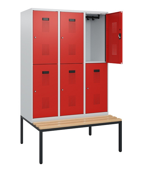 C+P Doppelstöckiger Spind Evolo PLUS, Bank, 6 Fächer, 1950x1200x815mm, 7035/3020, Zylinderschloss, Sitzfläche Buche-Hartholz, Sitzbank, 0493505-32 S10028