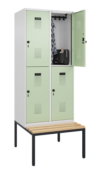 C+P Doppelstock-Spind Evolo PLUS, Bank, 4 Fächer, 2120x800x815mm, 9016/6019, Drehriegel, Sitzfläche Buche-Hartholz, Sitzbank, 0493507-22 S10019