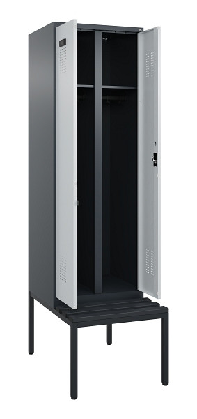 C+P Schwarz-Weiß-Spind Evolo PLUS, Bank, 2 Abteile, 2120x600x815mm, 7016/7035, Zylinderschloss, Sitzfläche Kunststoff, Sitzbank, 0490527-20 S10098