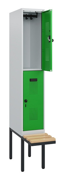 C+P Doppelstock-Spind Evolo PLUS, Bank, 2 Fächer, 1950x300x815mm, 7035/6037, Drehriegel, Sitzfläche Buche-Hartholz, 0493405-10 S10011