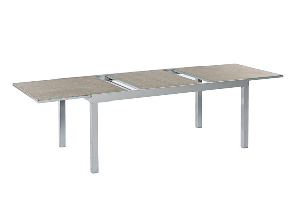 Merxx Semi Ausziehtisch mit Digitaldruckplatte, Tischplatte in Steinoptik, 180 (250) x 100 cm, silbernes Gestell, Aluminium, 26492-219
