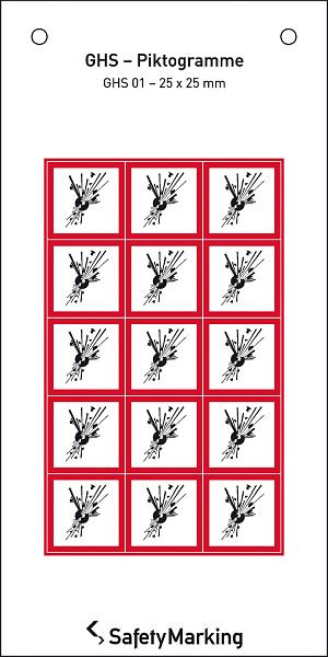 SafetyMarking GHS-Gefahrenpiktogramm, Symbol 01: explodierende Bombe, BxH 2,5x2,5 cm, Folie, selbstklebend, VE: 15 Stück/Bogen, 30.3551-01