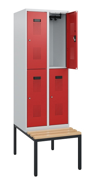 C+P Doppelstöckiger Spind Evolo PLUS, Bank, 4 Fächer, 1950x600x815mm, 7035/3000, Zylinderschloss, Sitzfläche Buche-Hartholz, Sitzbank, 0493505-20 S10024