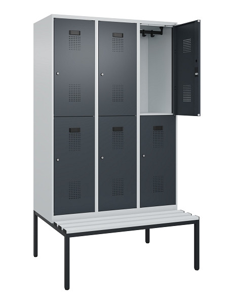 C+P Doppelstock-Spind Evolo PLUS, Bank, 6 Fächer, 2120x1200x815mm, 7035/7016, Zylinderschloss, Sitzfläche Kunststoff, Sitzbank, 0493507-32 S10120