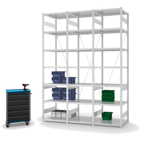 hofe Fachboden-Grundregal, 3000x600x750 mm, 7 Fachebenen, RAL 7035, 140 kg Fachlast, 1700 kg Feldlast, einseitige Bedienung, HKG30607XL