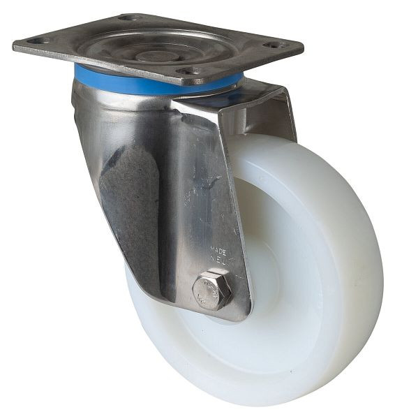 BS Rollen Edelstahl-Schwerlastrolle Lenkrolle, Edelstahl, Kunststoffrad, Gleitlager, Anschraubplatte 150 mm, Tragfähigkeit 450 kg, HS100.A90.151