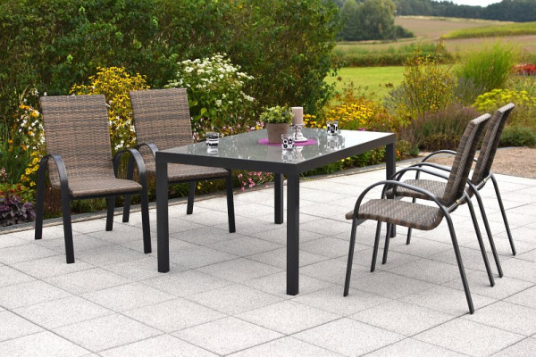 Merxx Varese Set 5-teilig, 4 Varese Stapelsessel, 1 Tisch, 150 x 80 cm, graphit/mudbraun, Aluminiumgestell mit Kunststoffgeflecht, 50578-275