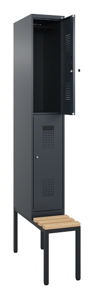 C+P Doppelstock-Spind Evolo PLUS, Bank, 2 Fächer, 2120x300x815mm, 7016/7016, Zylinderschloss, Sitzfläche Buche-Hartholz, Sitzbank, 0493507-10 S10043