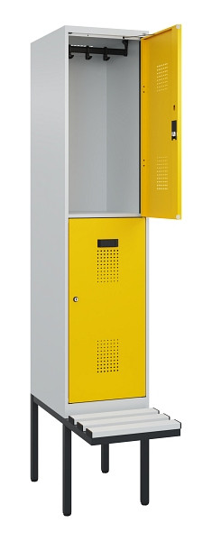 C+P Doppelstock-Spind Evolo PLUS, Bank, 2 Fächer, 2120x400x815mm, 7035/1023, Zylinderschloss, Sitzfläche Kunststoff, 0493407-12 S10109