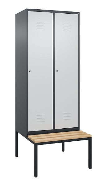 C+P Umkleidespind Classic PLUS, mit untergebauter Sitzbank, 2 Abteile, 2120x800x815mm, 7016/7035, Zylinderschlösser, Buche-Sitzleisten, 0800507-22 S10057