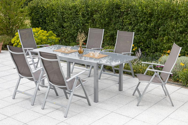Merxx Carrara Set 7-teilig, 6 Klappsessel, Rückenlehne 5-fach verstellbar, 1 Semi Ausziehtisch 150 (220) x 90 cm, graue Glasplatte, silber/taupe, 50313-325