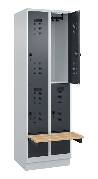 C+P Doppelstock-Spind Evolo PLUS, Bank, 4 Fächer, 1950x600x815mm, 7035/7016, Drehriegel, Sitzfläche Buche-Hartholz, mit Sockel, 049340-20 S10012