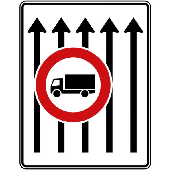 Stein HGS Fahrstreifentafel ohne Gegenverkehr, RA1/Flachform 3mm, ohne Entfernungsangabe, 1600x1250mm, 5 Streifen in Fahrtrichtung, 4 Streifen mit Verbot für Kraftfahrzeuge über 3,5 t, 524-33-113