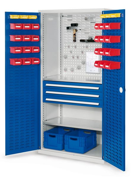 Kappes RasterPlan Schubladenschrank, Modell 22, RAL 7035/5010, Türinnenseite: Schlitzplatten 1950 x 1000 x 600 mm, 3 Schubladen H 100 mm, 1460.02.4016