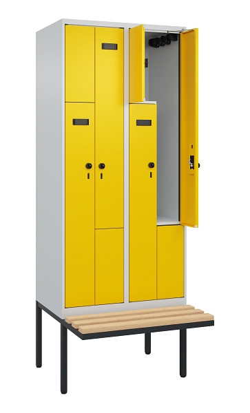 C+P Z-Spind Evolo PLUS, Bank, 4 Fächer, 2120x800x815mm, 7035/1023, Drehriegel, Sitzfläche Holz, 0490437-224 S10003