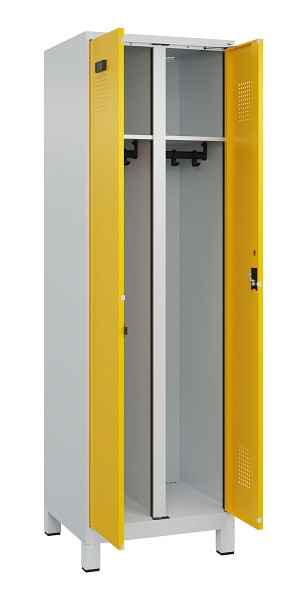 C+P Schwarz-Weiß-Spind Evolo PLUS, mit Füßen, 2 Abteile, 1950x600x500mm, 7035/1, Frontfarbe RAL 1023 Verkehrsgelb, Zylinderschloss, 049012-20 S10028