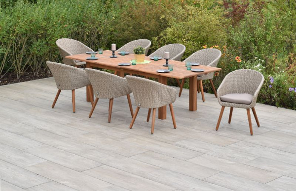 Merxx Arrone Set 9-teilig, 8 Arrone Sessel, inkl. Sitzkissen, 1 Doppelausziehtisch, 180 (220/260) x 100 cm, Schilf, 50898-259