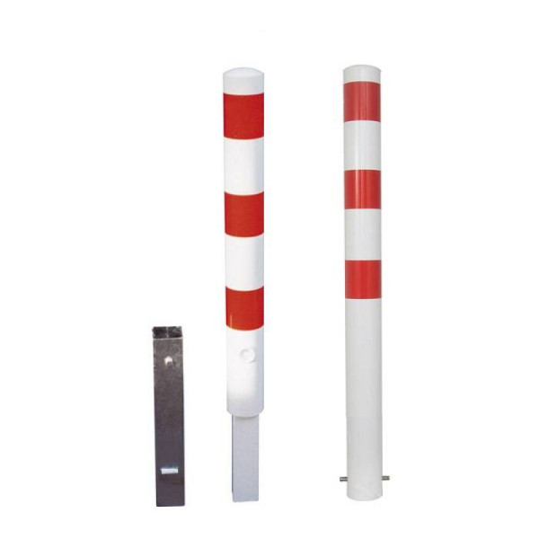 Stein HGS Absperrpfosten -Bollard-, mit Dreikantverschluss, Schließung unten, weiss beschichtet mit 3 roten Leuchtstreifen, 1 Öse, Rundrohr Ø 108 mm, 493fb-1