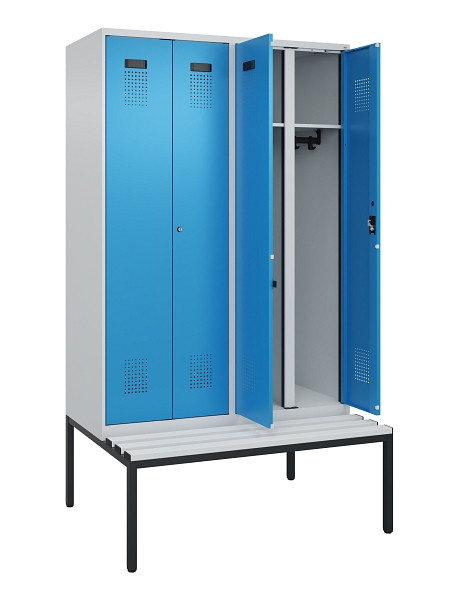 C+P Schwarz-Weiß-Spind Evolo PLUS, Bank, 4 Abteile, 2120x1200x815mm, 7035/5012, Zylinderschloss, Sitzfläche Kunststoff, Sitzbank, 0490527-40 S10088